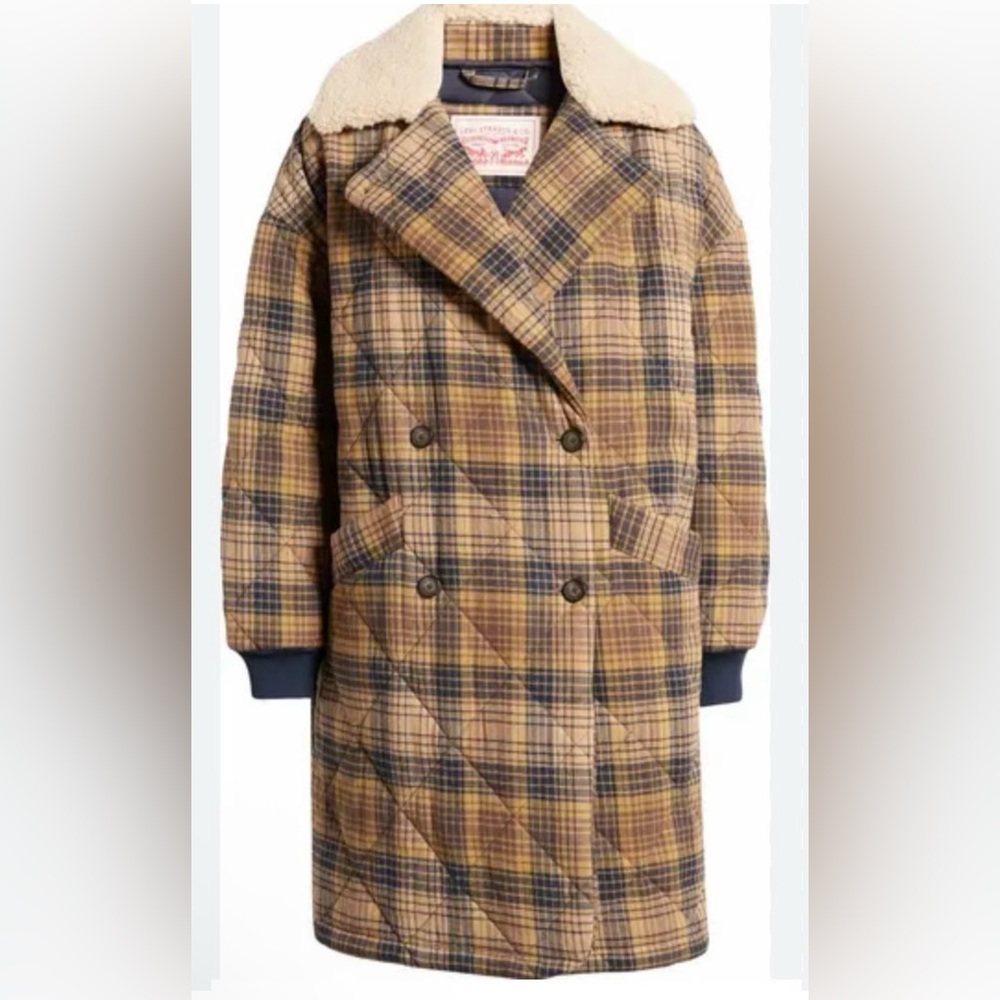 Levi’s Quilted Plaid Double Breasted Fleece Jacket with Cream Collar L - Picture 8 of 15
